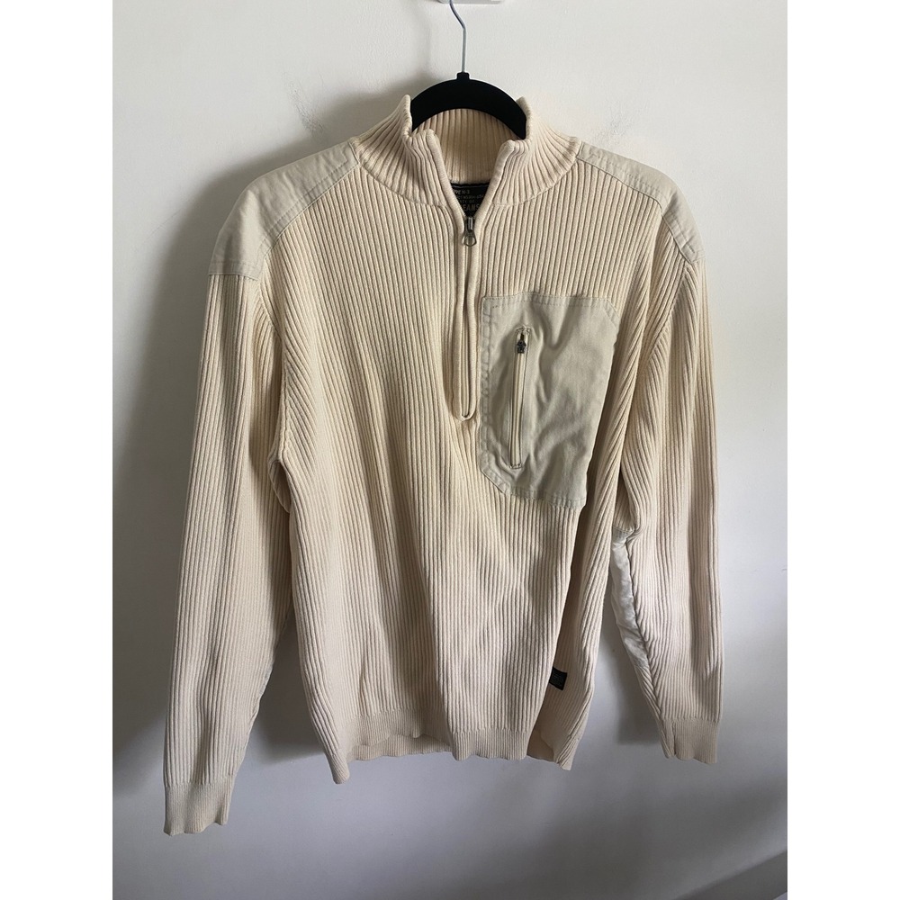 Nautica Jeans Co Men XL Cream Ribbed Quarter Zip Sweater Type N-3 Military Patch